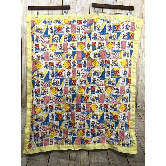 Vtg Baby Blanket Quilt Satin Trim 38" x 45" Rag Doll Theme Smocked Smocking - Picture 2 of 12